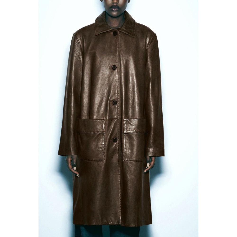 Zara Leather Collection Leather Trench Coat Brown Size S NWT